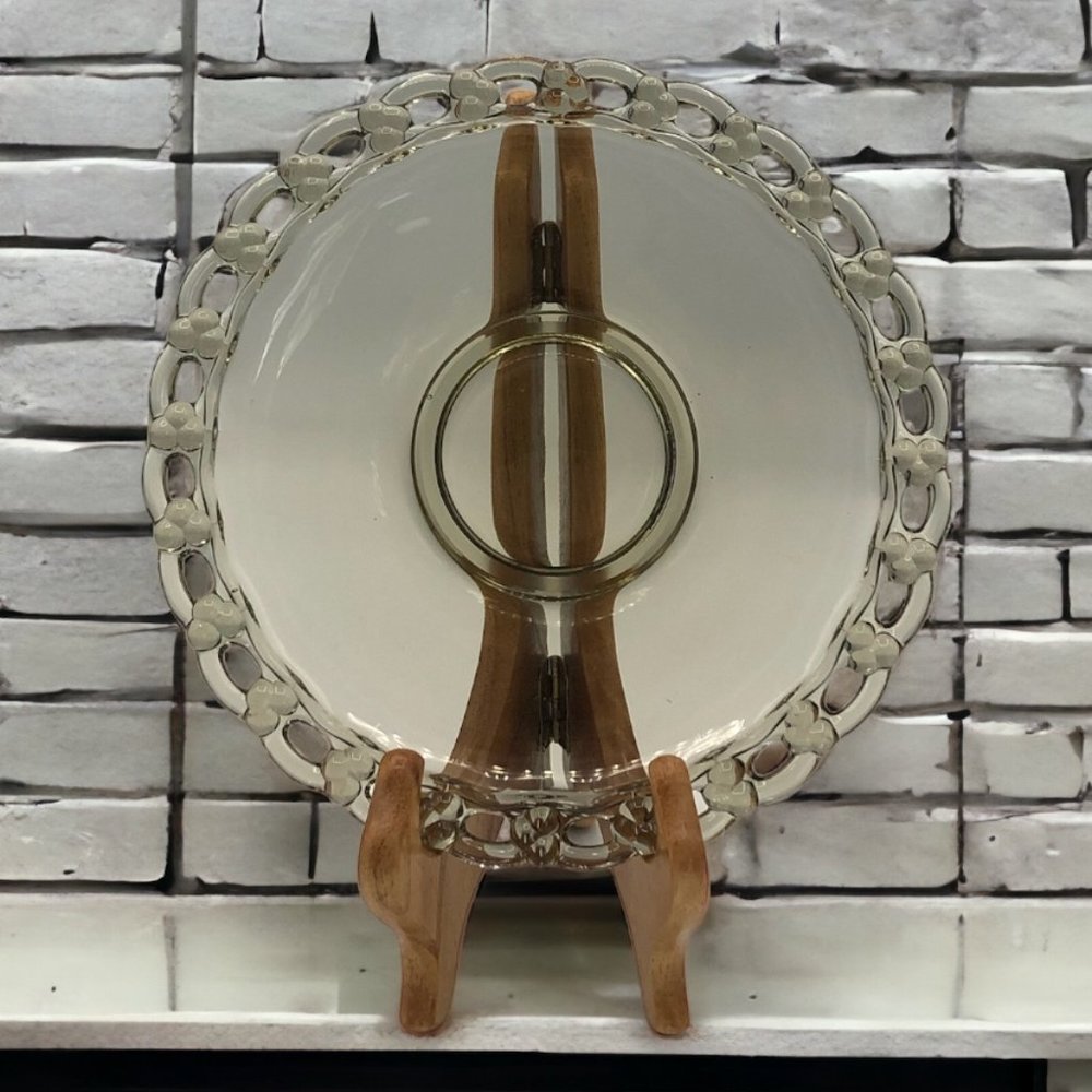 Smokey Gray Decorative Dish Plate with Lattice Edge Vintage Gray Glass Shallow
